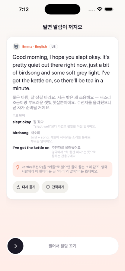 문장의 뜻과 주요 단어를 보여주는 화면